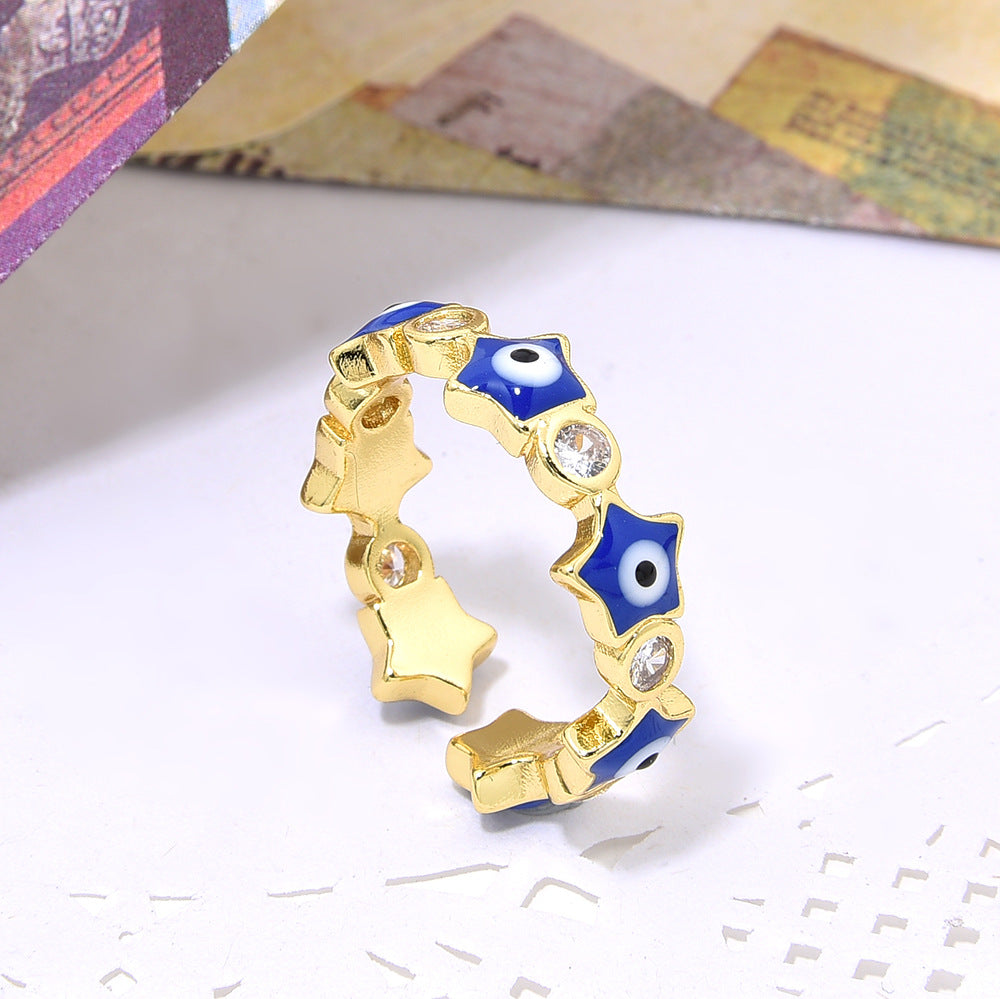 Wholesale Colorful Oil Drop Demon Eye Zircon Star Adjustable Ring
