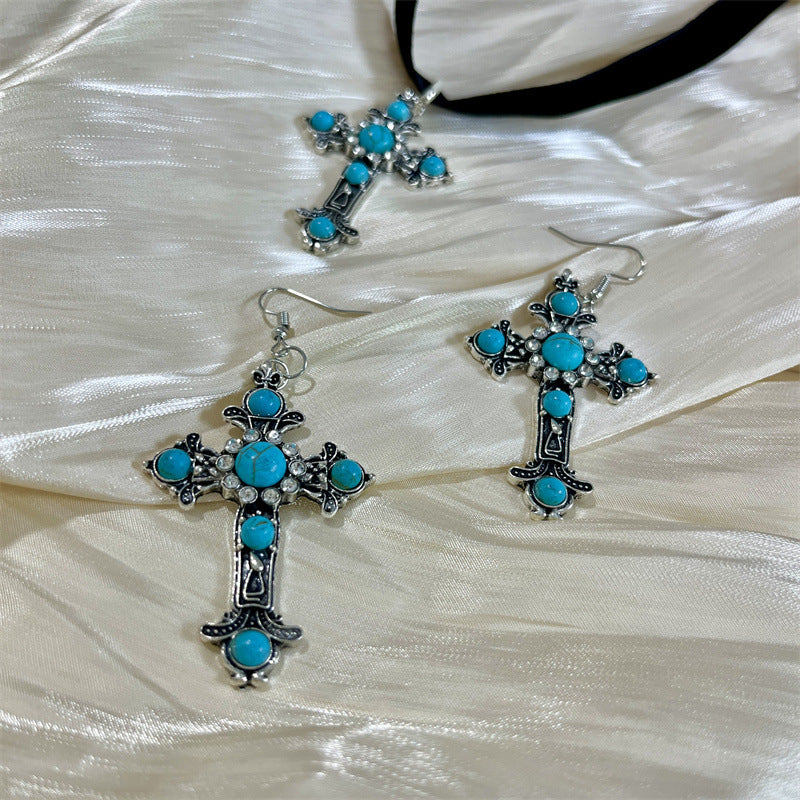 Wholesale New vintage-style,  distinctive cross earrings and necklace set,  featuring creatively distressed,  turquoise-inlaid pendants