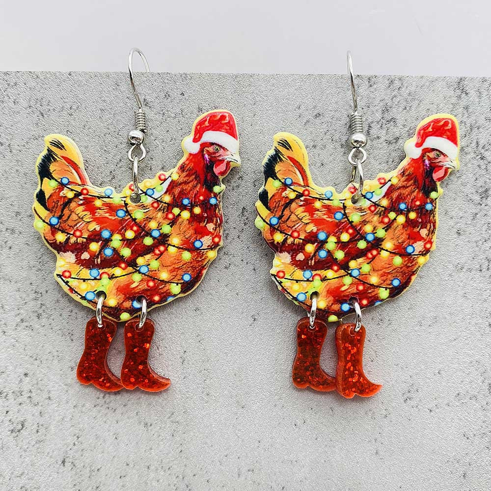 Wholesale Christmas Santa Hat Rooster Lights Acrylic Double-sided Printed Earrings ACC-ES-ChenY054