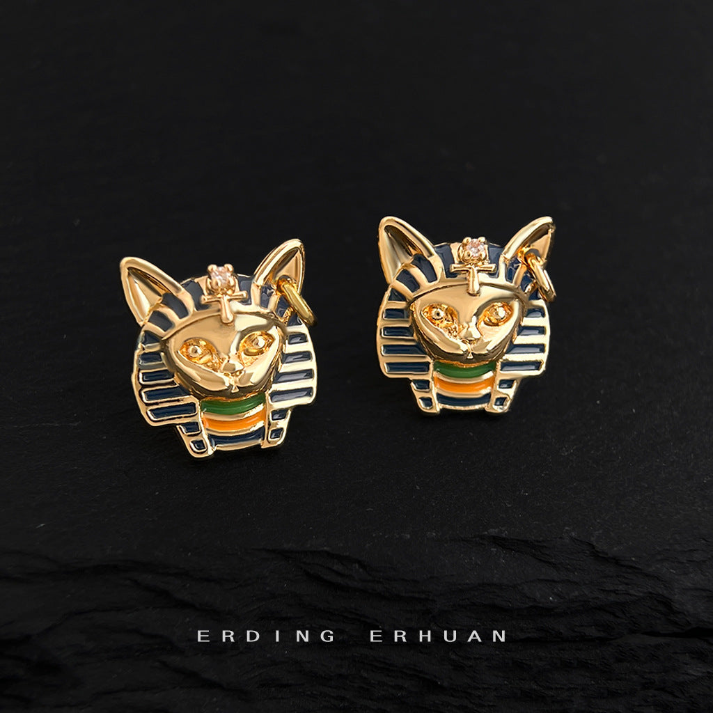 Wholesale Egyptian Cat Pharaoh Painted Enamel Earrings,  Silver Plated Geometric Irregular Earrings,  Fashion Jewelry Accessory for Party or Gift