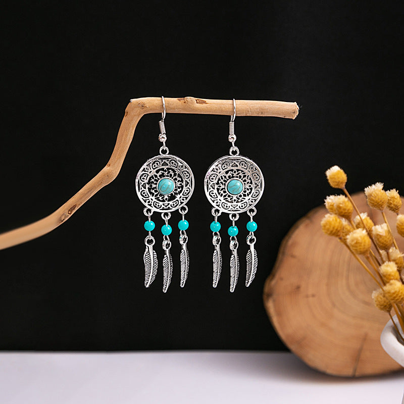 Wholesale Retro Ethnic Style Blue Turquoise Hollow Ring Flower Tassel Earrings Jewelry Accessory