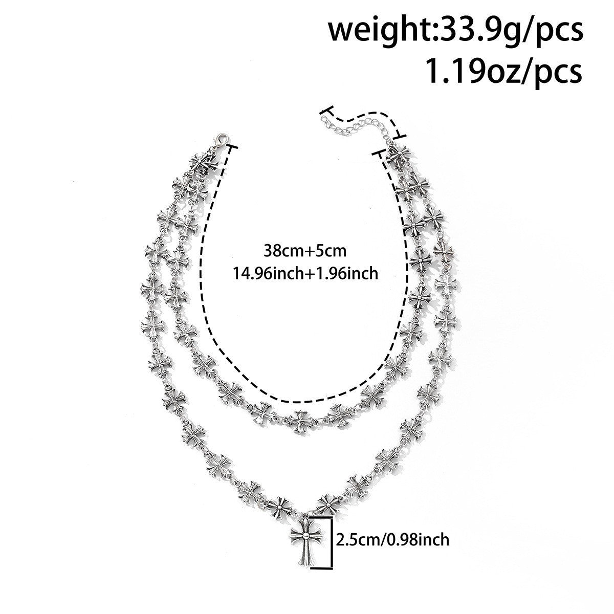 Wholesale Double Layer Cuban Chain Cross Pendant Necklace Zinc Alloy Electroplated Hip Hop Style Fashion Accessory for Men