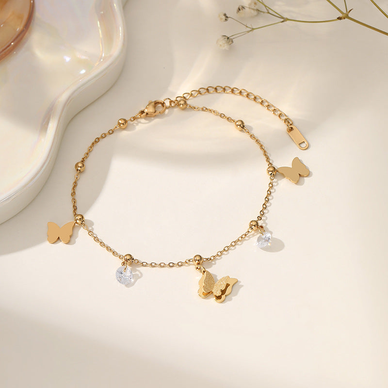 Wholesale Titanium Steel Korean Style Tassel Butterfly Zircon Bracelet Minimalist Fashion Accessory Gift for Women