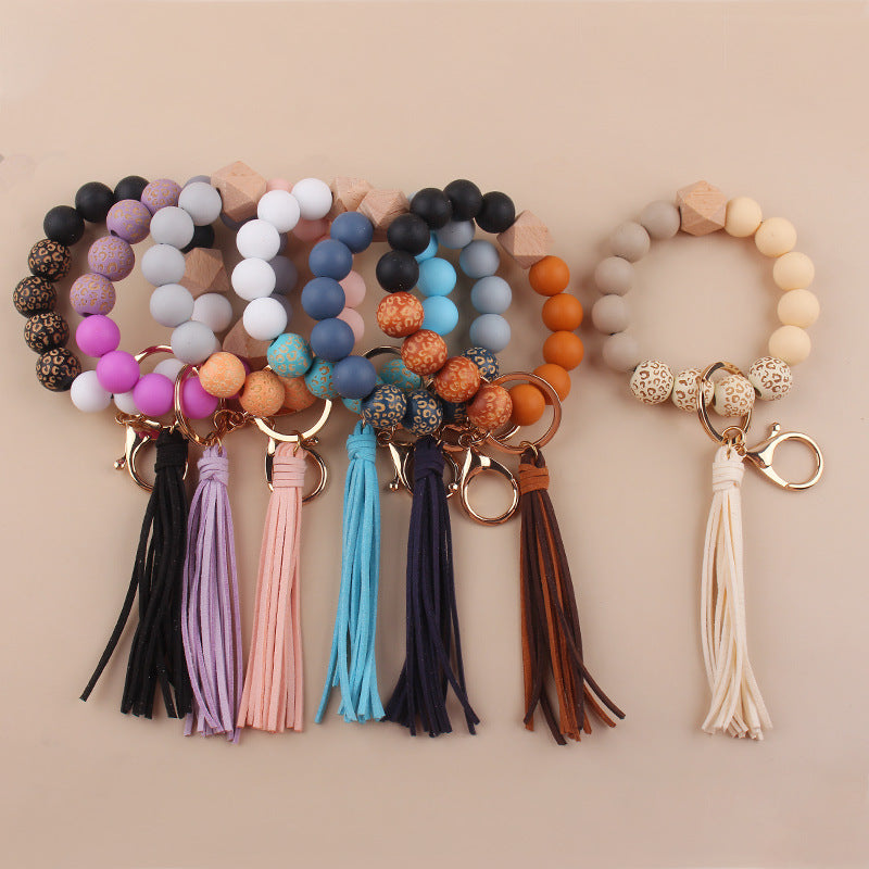 Wholesale Leopard Print Silicone Beads Tassel Wrist Keychain Wristlet Keychain ACC-KC-GuangTian046