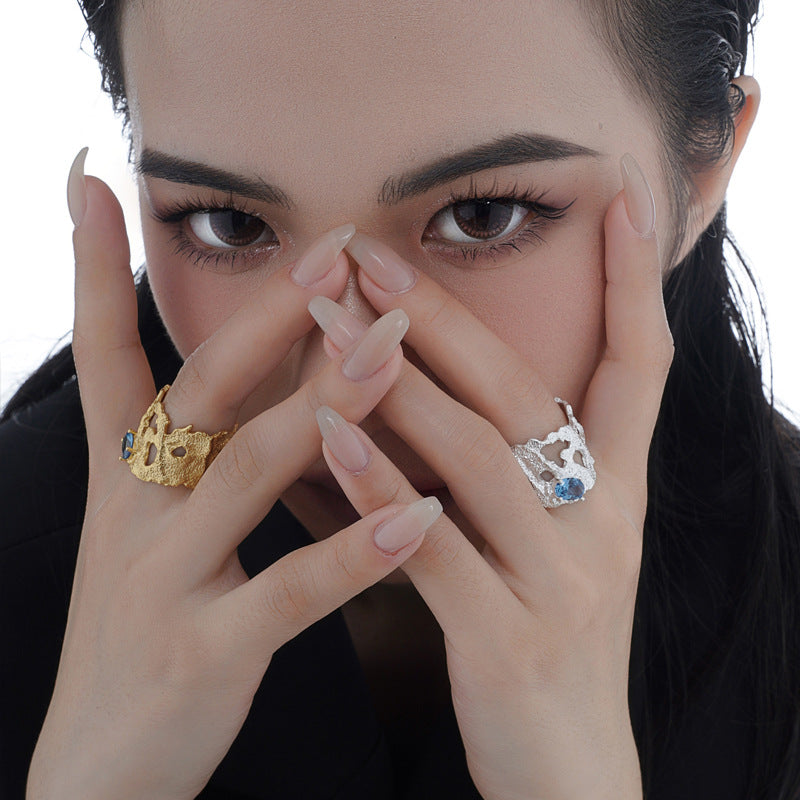 Wholesale  Light Luxury S925 Sterling Silver Hollow Broken Texture Ring