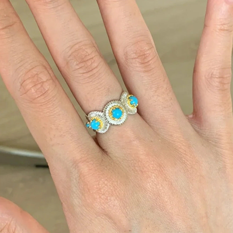 Wholesale  Turquoise Brushed Ring,  Exquisite Retro High-End Stacking Niche Ring