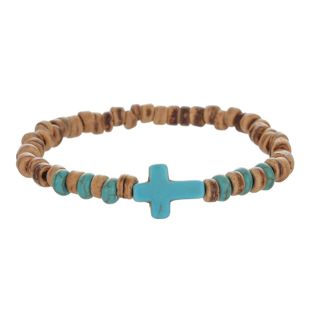 Wholesale  coconut shell wood slice turquoise Cross Bracelet