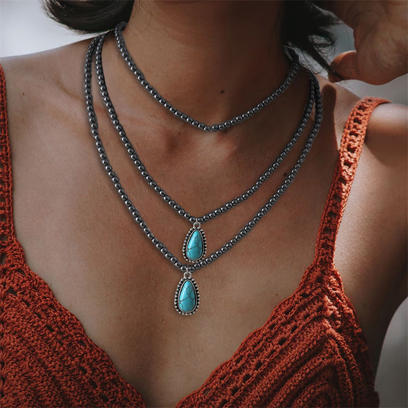 Wholesale Zinc Alloy Bohemian Teardrop Turquoise Black Bead Necklace Jewelry Accessory