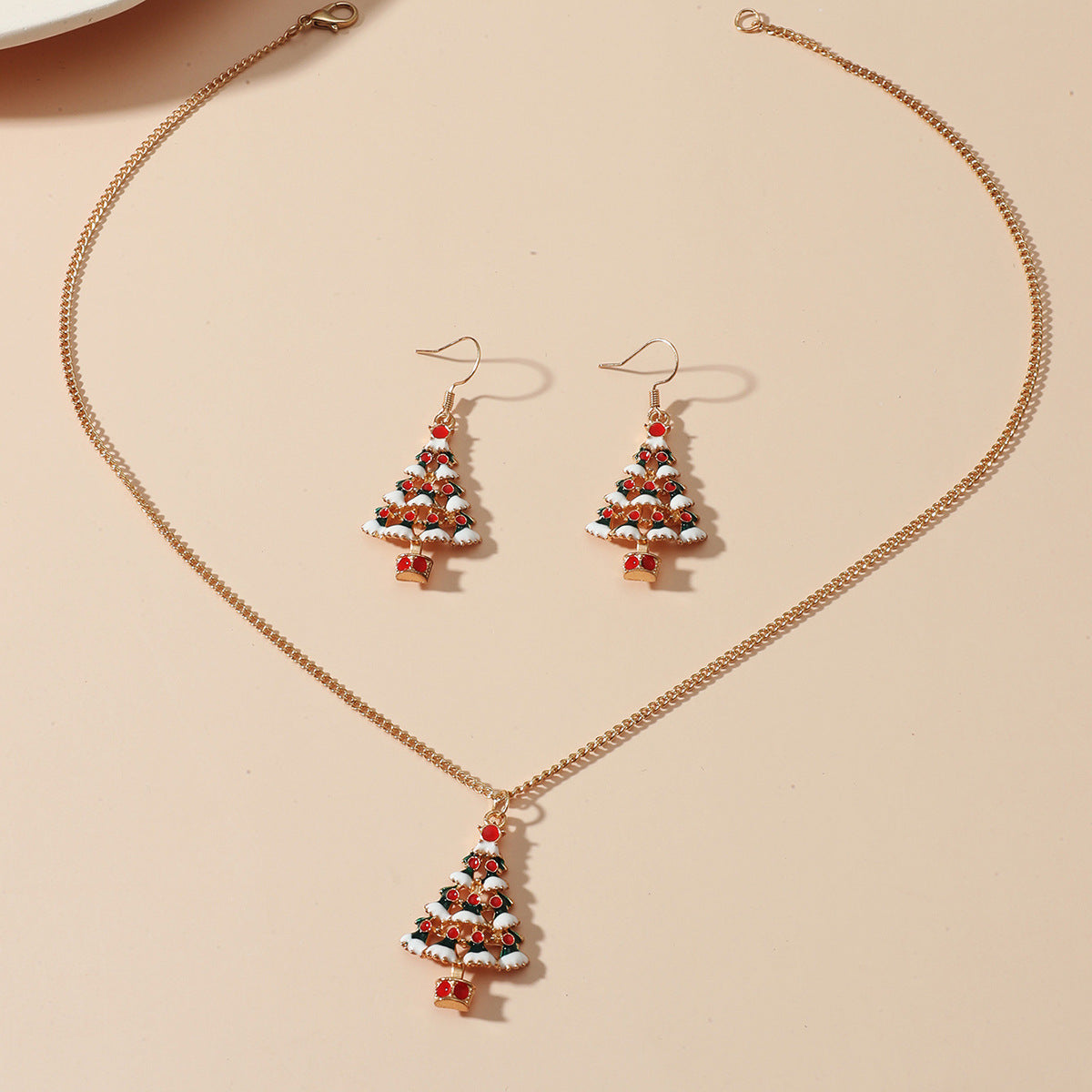 Wholesale Cartoon Oil Drop Colorful Christmas Tree Earrings and Necklace Set