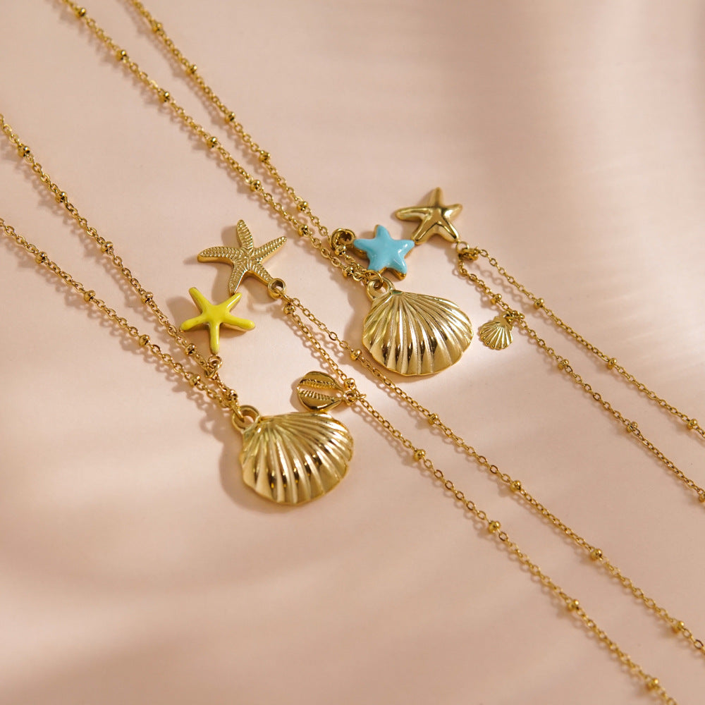 Wholesale Stainless steel Shell Starfish Double Pendant Necklace