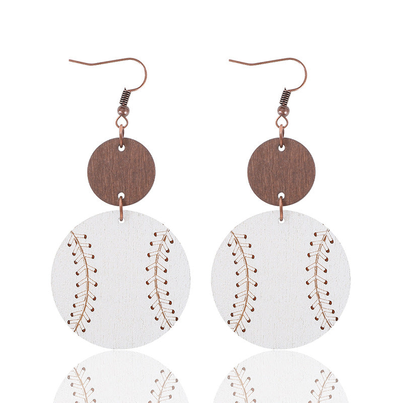 Wholesale Trendy Wooden Baseball Pattern Earrings for Women Geometric Sphere Design Boutique Resale Jewelry Accessory