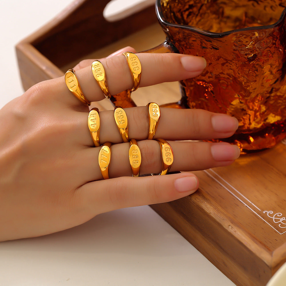 Wholesale Titanium Steel 18K Gold Plated Oval Number Rings ACC-RS-OMK002