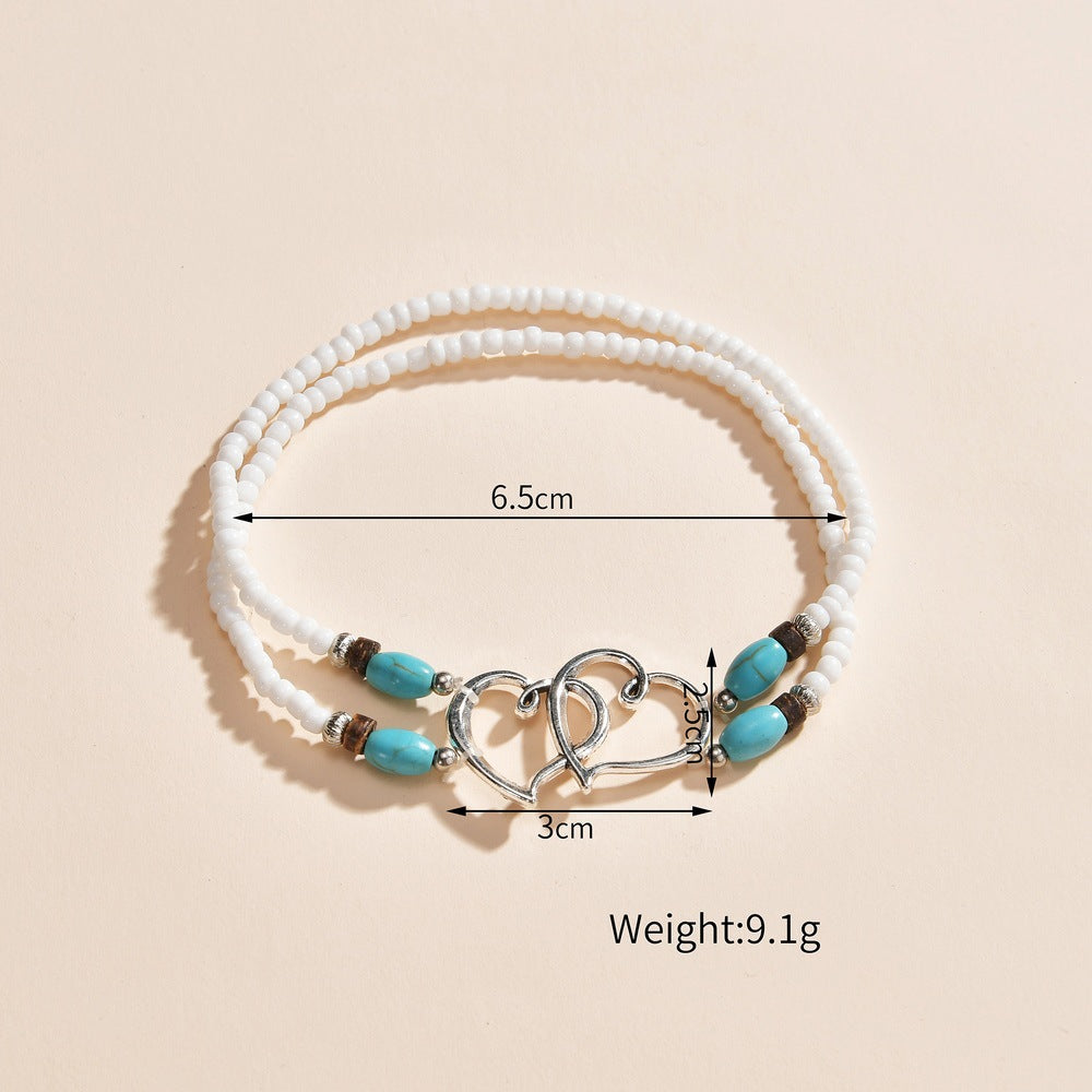 Wholesale alloy double love beaded turquoise stone double elastic anklet