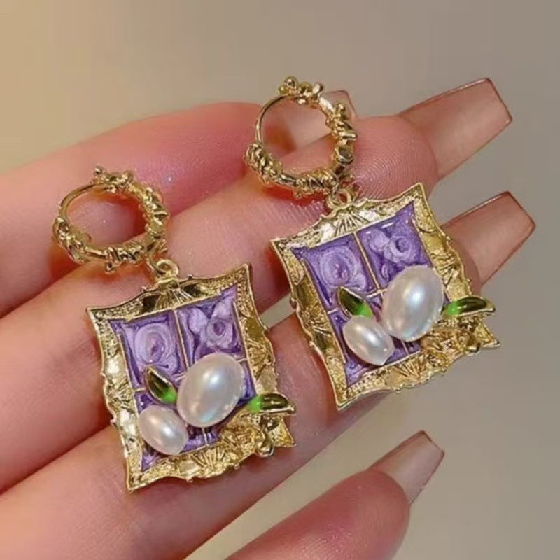 Wholesale Vintage Baroque Green Flower Earrings Alloy Dripping Glaze Fashion Accessory