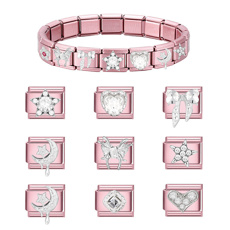 Wholesale 9mm Italian Charm Starter Bracelets pink series  DIY  Single Section Creative Stainless Steel Composable Bracelet