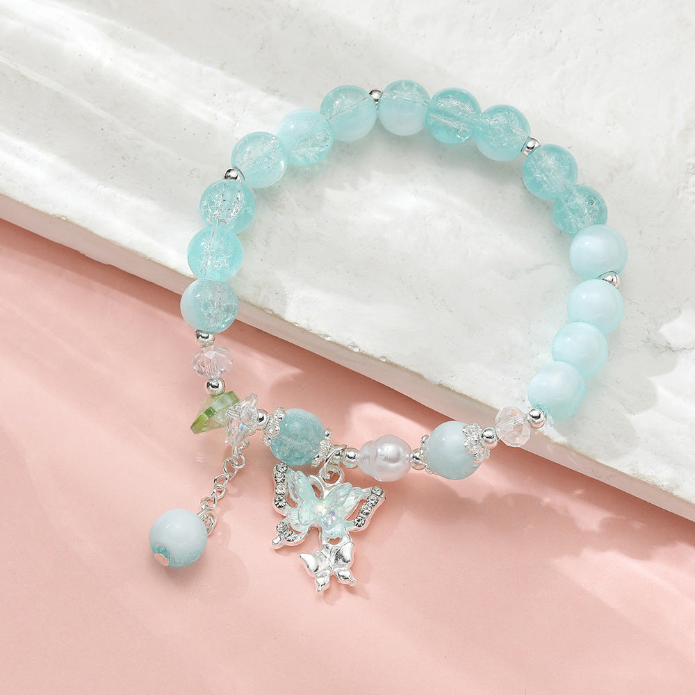 Wholesale Blue Butterfly Artificial Crystal Beaded Bracelet Chinese Style Chic Fashion Accessory Travel Souvenir Gift