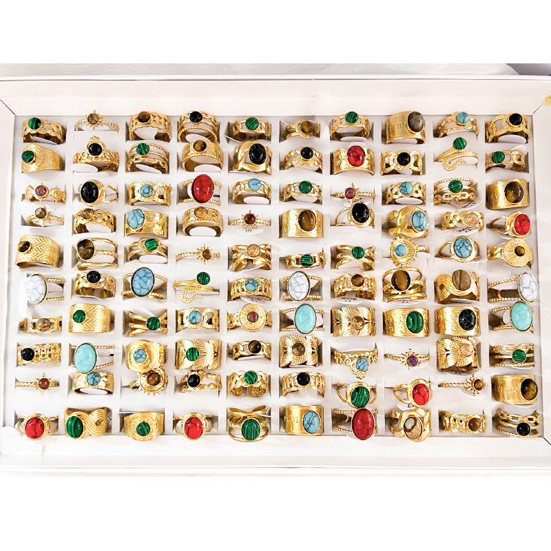 Wholesale  10pcs/set  retro ring  natural stone stainless steel ring