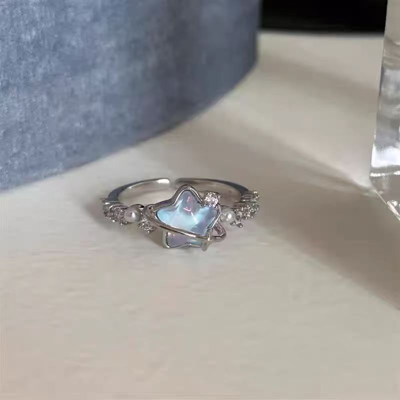 Wholesale Adjustable Lace Pearl Zircon Ring Women Star Moon Glacier Blue Design Open Ring Jewelry Gift Boutique Resale