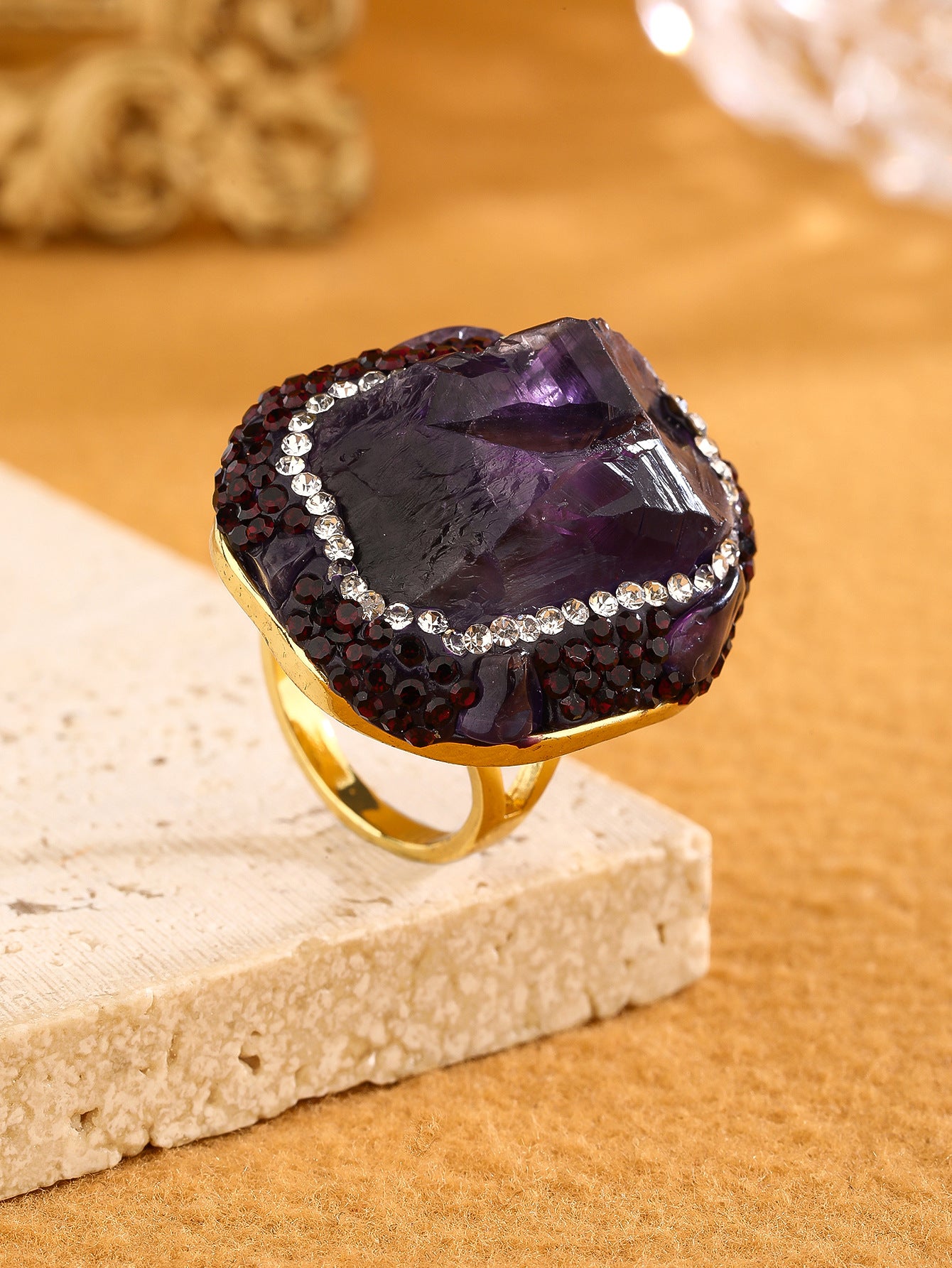 Wholesale Natural Amethyst Bud Aquamarine Rough Stone Irregular Diamond Opening Adjustable Women' s Ring