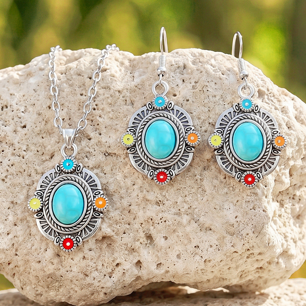 Wholesale Vintage Ethnic Turquoise Necklace Earrings Set Zinc Alloy Jewelry Accessory