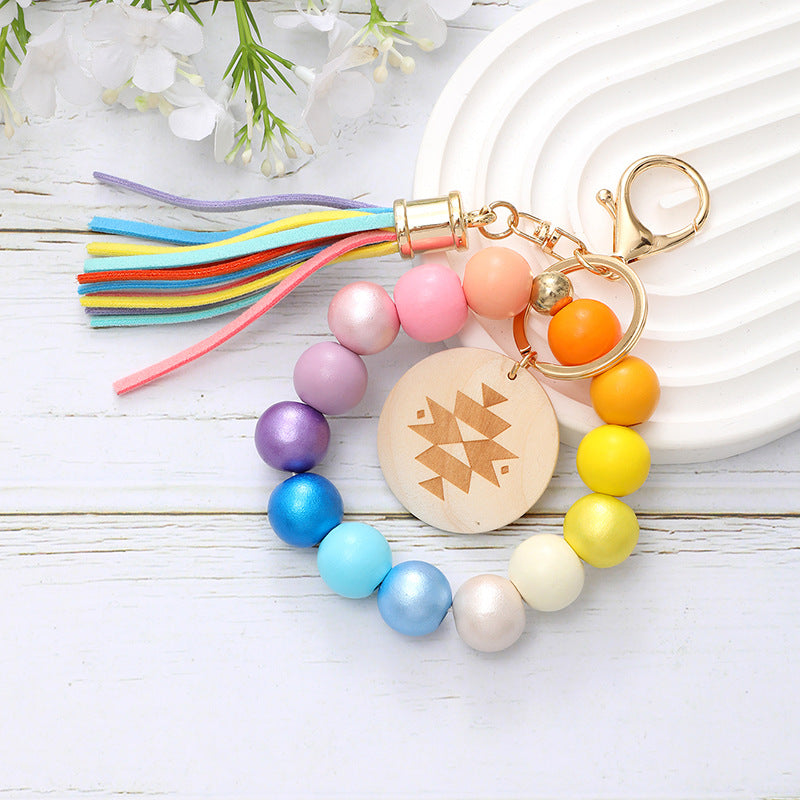 Wholesale Colorful Tassel Aztec Wood Chip Wooden Beads Beaded Wristlet Keychain ACC-KC-YTian024