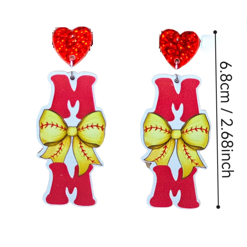 Wholesale Mother's Day Earrings MOM Letters Sports Style Baseball Shiny Earrings