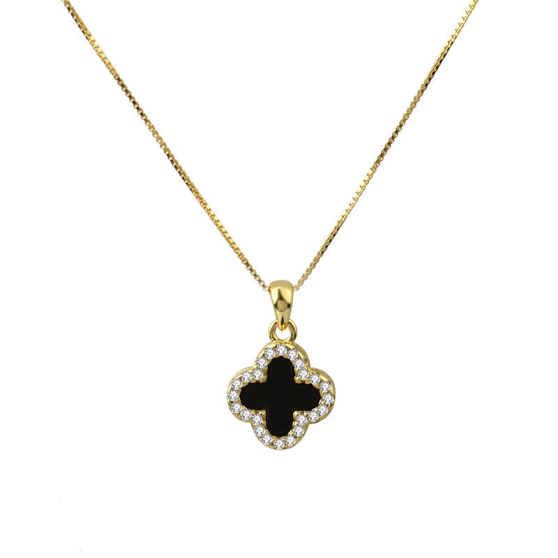 Wholesale Fully Rhinestone Four-leaf Clover Titanium Steel Double Sided Necklace