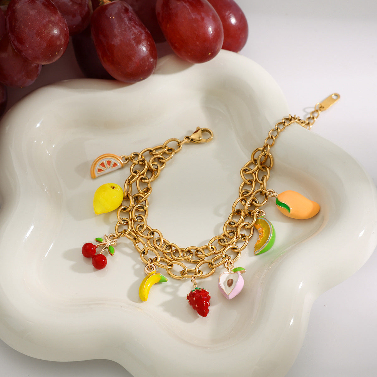 Wholesale  18K Gold Stainless Steel Double Cross Chain Oil Dropping Fruit Bracelet