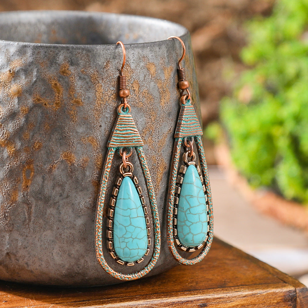 Wholesale Retro Ethnic Earrings Set Alloy Geometric Turquoise Tassel Trendy Party Accessory Gift