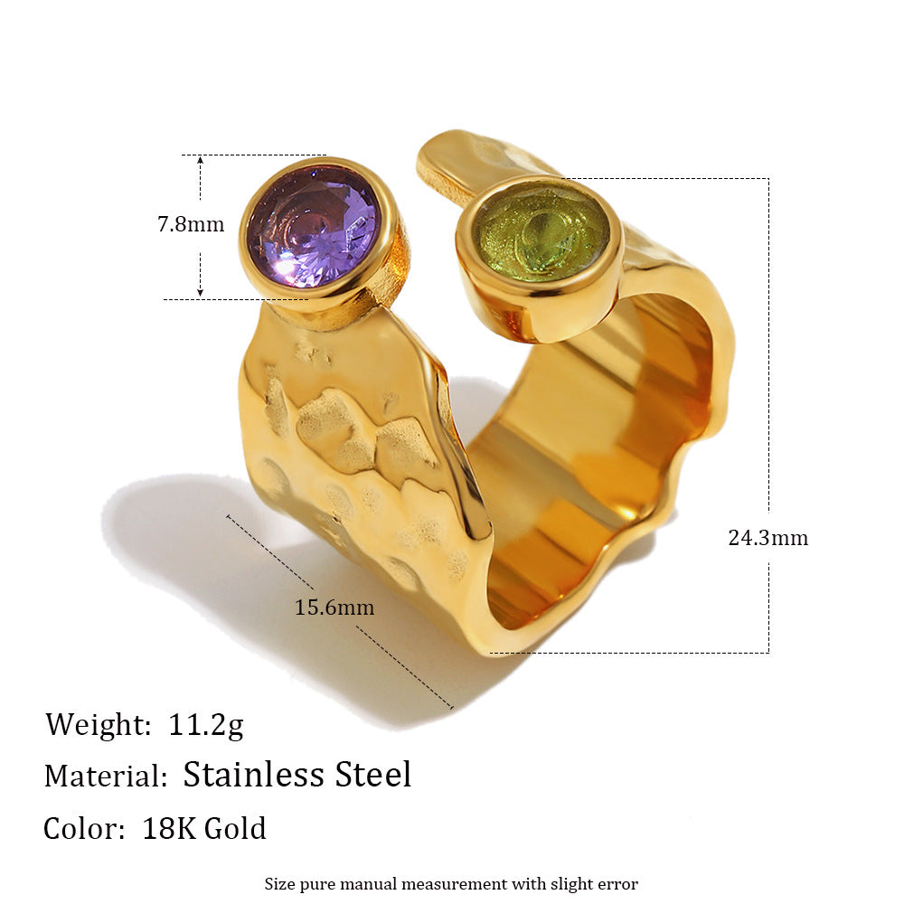 Wholesale Niche Retro Hammered Open Ring Stainless Steel 18K Plated Colorful Women' s Chic Everyday Accessory