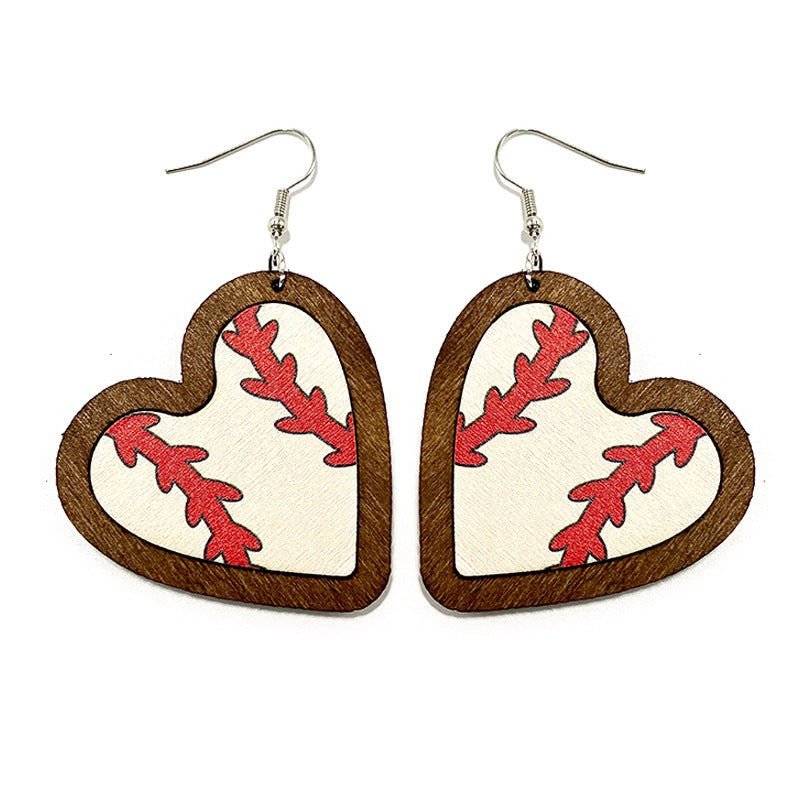 Wholesale Wooden Heart Shaped Sports Ball Earrings Fashion Jewelry Accessory For Casual Wear
