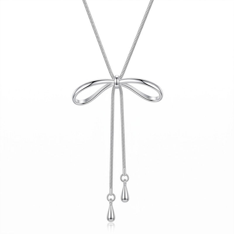 Wholesale Korean Style Bow Pendant Long Sweater Chain Necklace Alloy Plated Jewelry Accessory For Women Gift Boutique Resale