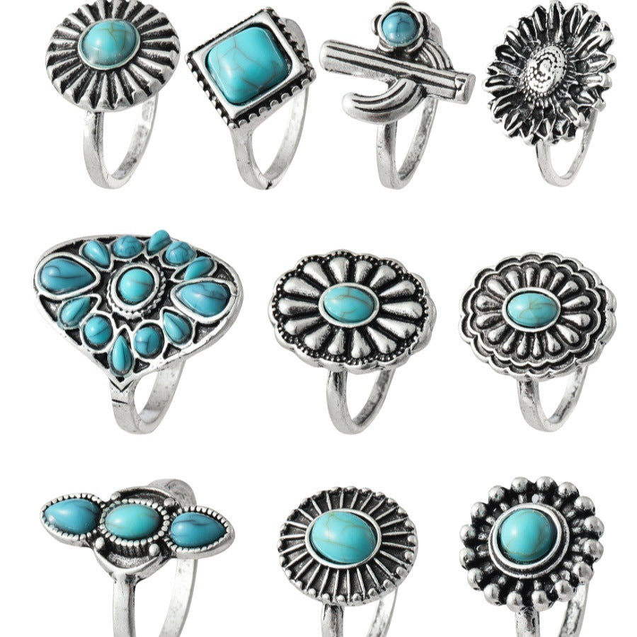 Wholesale retro exaggerated geometric flowers turquoise water drop rings