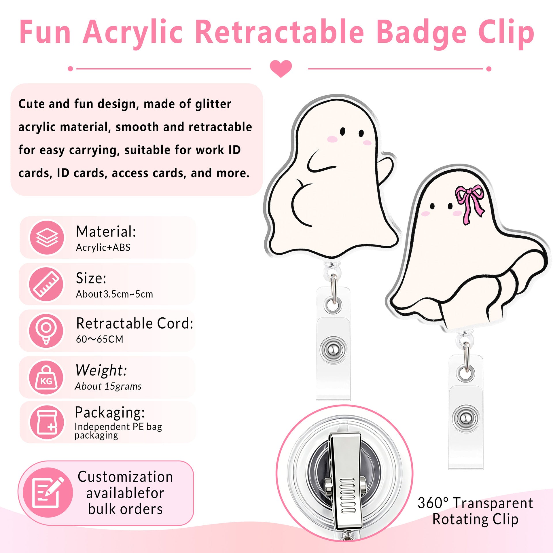 Wholesale  Ghost Cute Cartoon Acrylic Easy-Pull Buckle Retractable ID Card Holder Able Office Badge Decoration