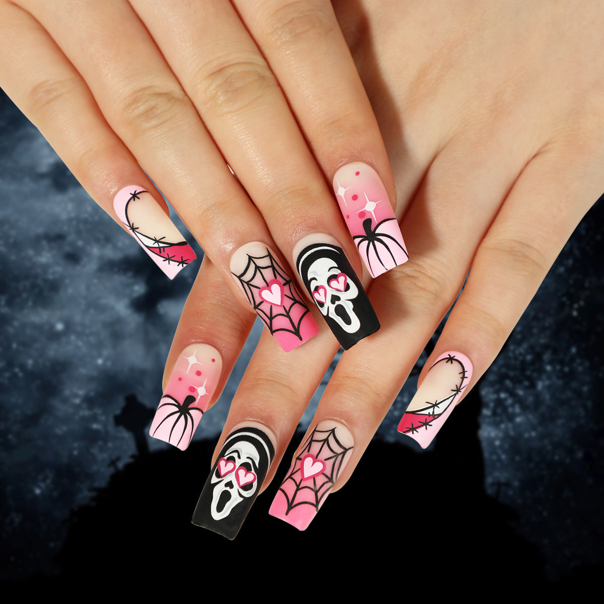 Wholesale 24 Pieces/box Halloween Pink Gradient Press-on Nails Kits Nail Stickers ACC-NS-LeFan125