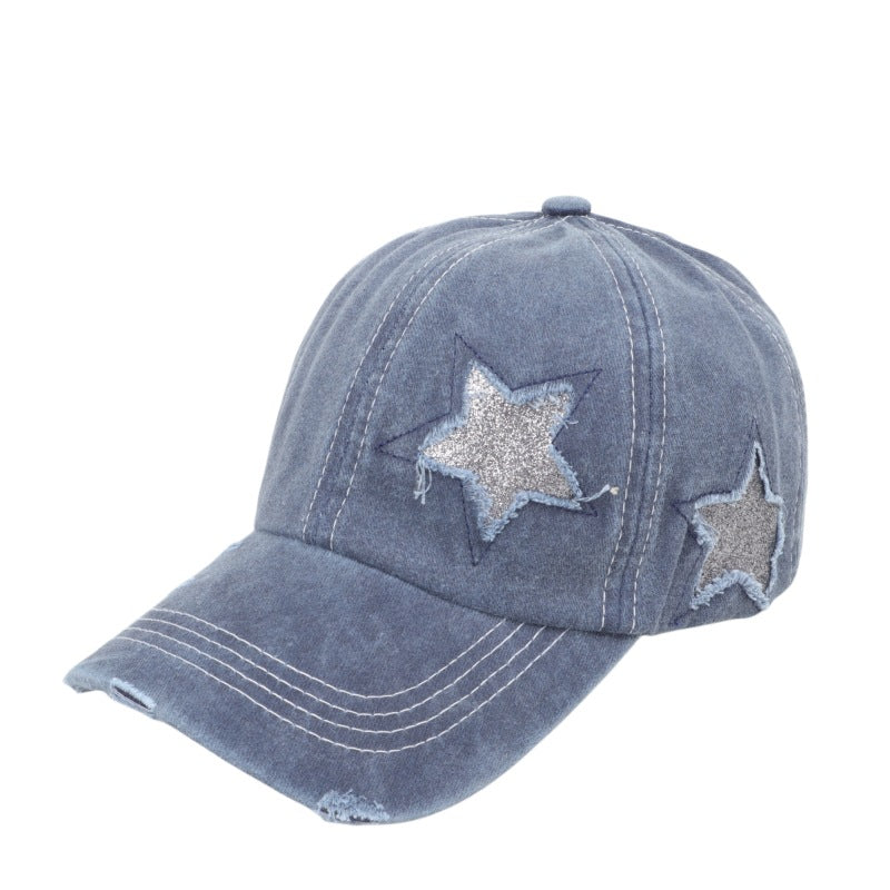 Wholesale  five-pointed star sequined ponytail ripped baseball cap