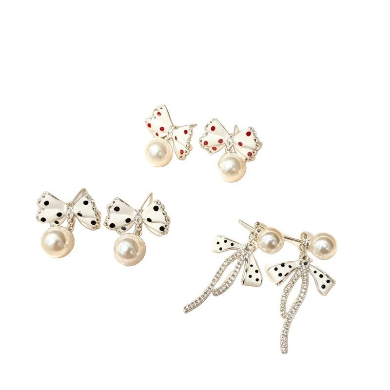 Wholesale Retro Polka Dot Bow Pearl Earrings Women S Chic Party Wear Jewelry Accessory