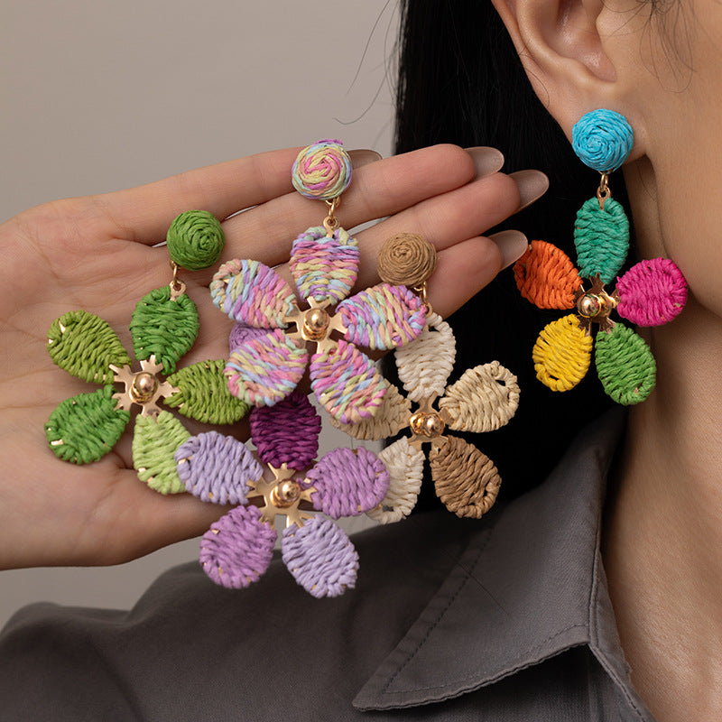 Wholesale Summer Vacation Colorful Woven Raffia Flower Earrings Women S Fashion Accessory Boutique Resale Gift