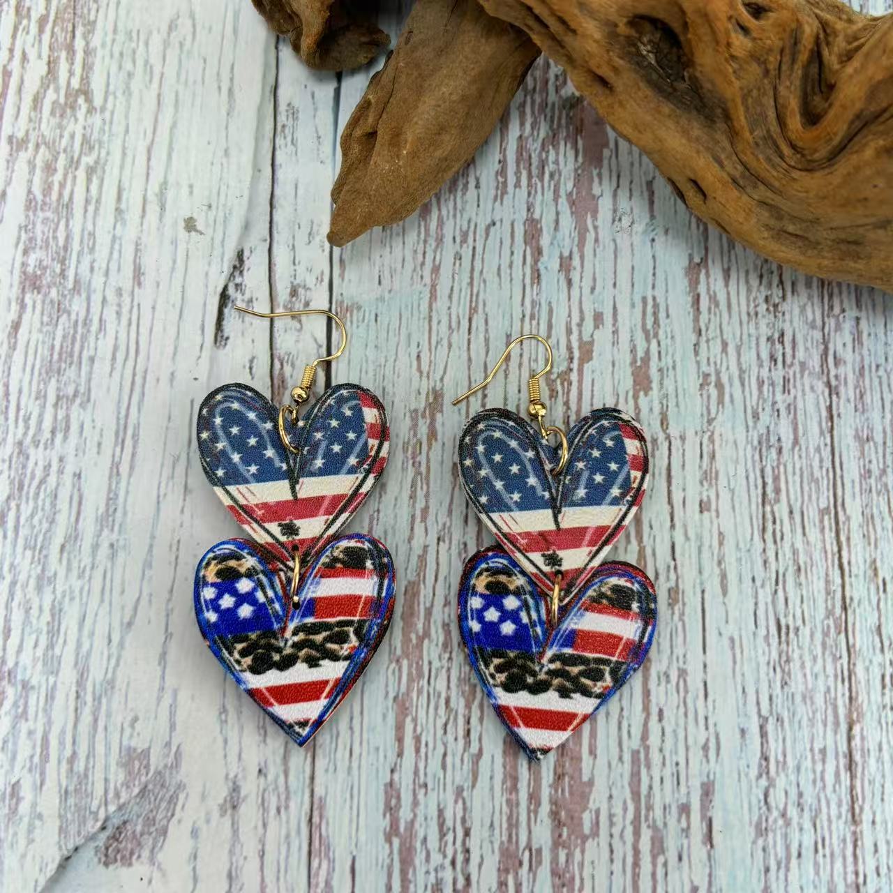 Wholesale  American Independence Day Retro Love Printing American Flag Stitching PU Leather Earrings