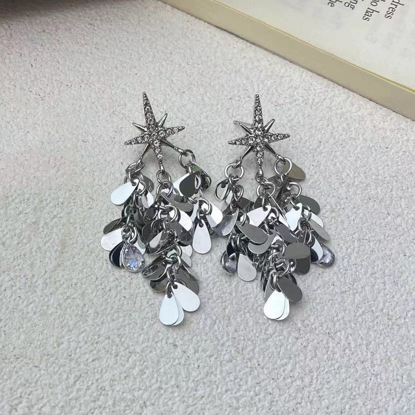 Wholesale Silver Needle Light Luxury Elegant Zircon Mang Star Bright Tassel Earrings