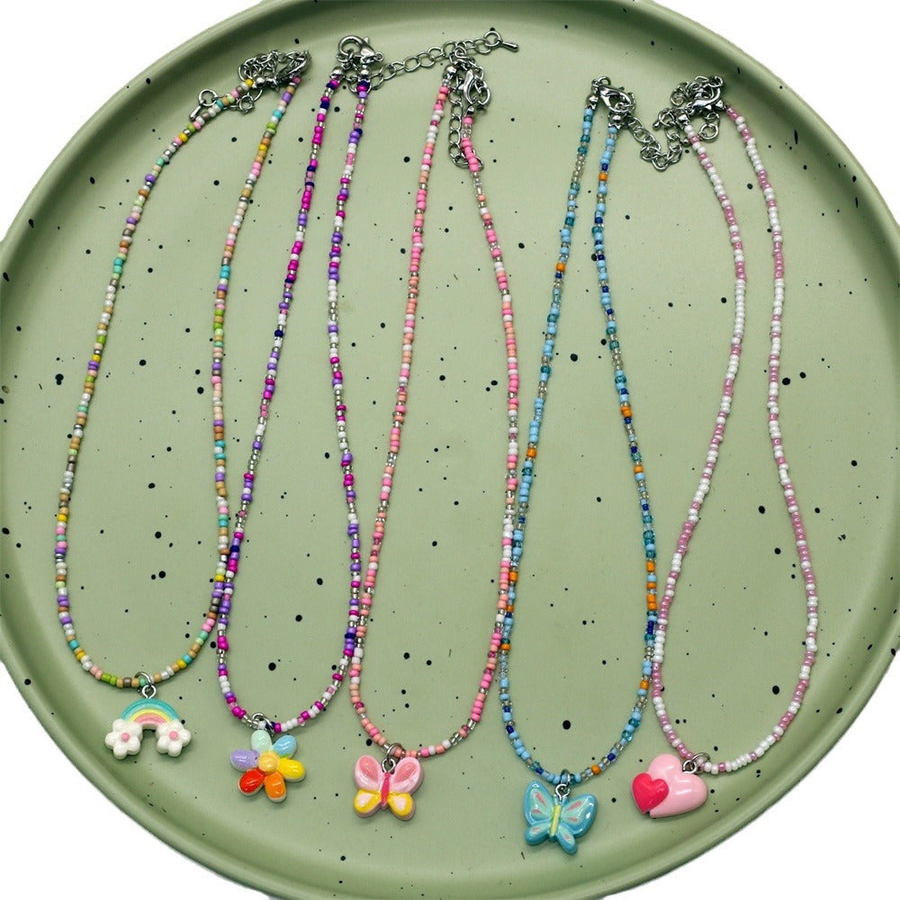 Wholesale Color Beaded Necklace Cartoon Cute Butterfly Love Clavicle Chain