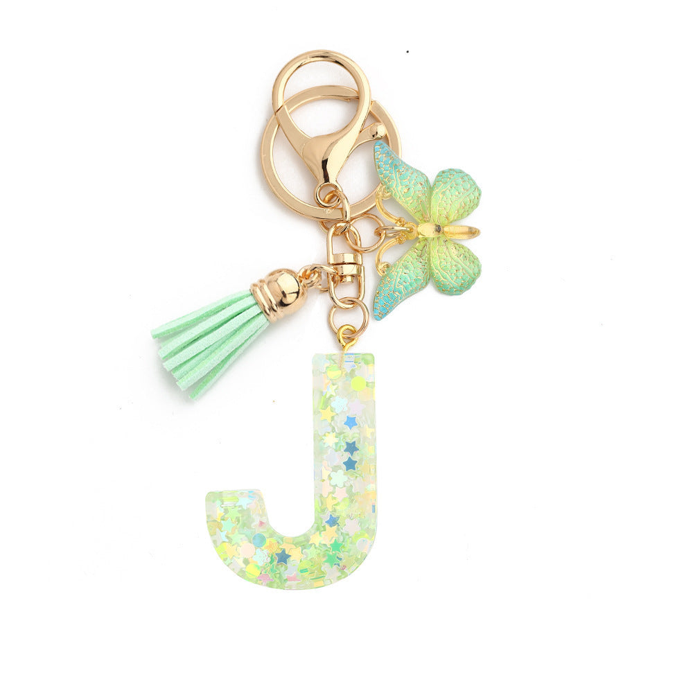 Wholesale 26 letter keychain green butterfly glue keychain