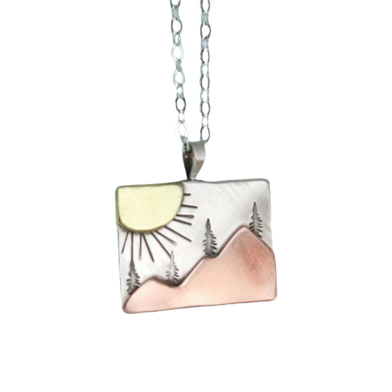 Wholesale Retro Creative Sun Mountain Forest Pattern Square Necklace