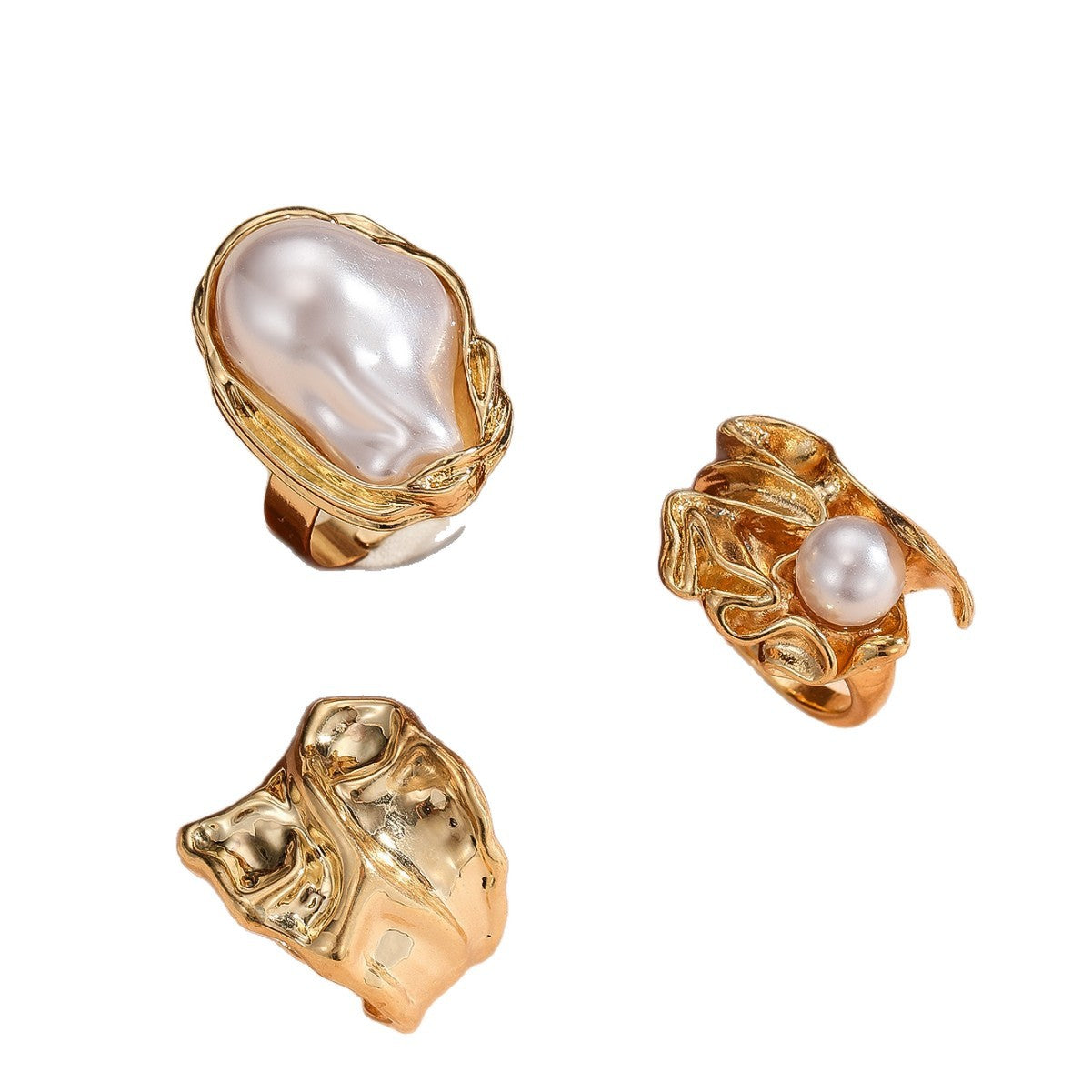Wholesale Gold Electroplated Zinc Alloy Ring Set For Women Irregular Baroque Faux Pearl Fashion Jewelry