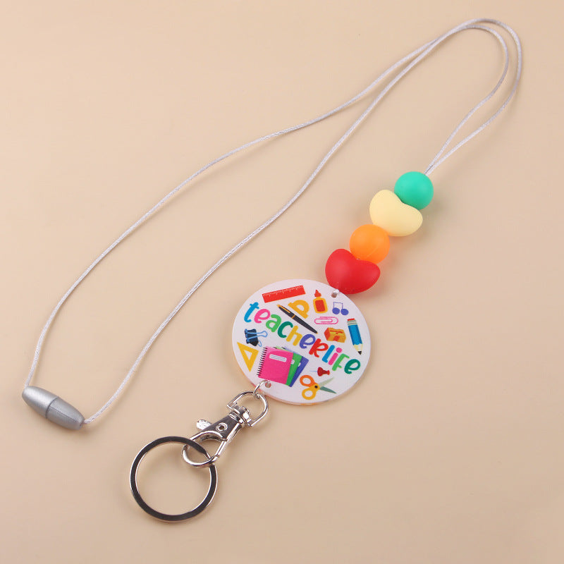Wholesale Teacher Rainbow Necklace Pendant Cartoon Silicone Beaded Keychain Lanyard Keychain Teacher's Day Bulk Keychains ACC-KC-GuangTian043