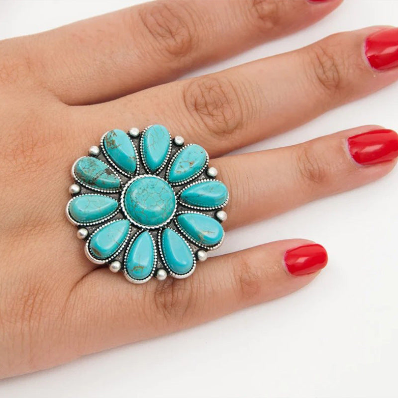 Wholesale Retro Bohemian Turquoise Flower Ring Antique Silver Adjustable Open Band Fashion Jewelry Accessory For Boutique Resale