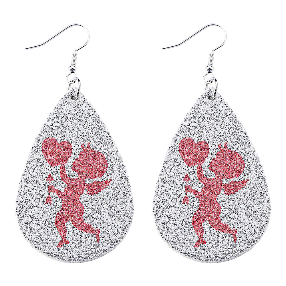 Wholesale Valentine's Day Eros Love Silver Sequin Water Drop Ear Leather Earrings