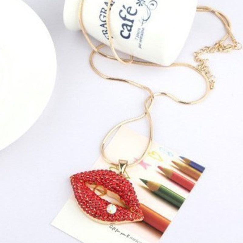 Wholesale Lips Necklace with Diamonds Sexy Red Lips Pendant Sweater Chain Long Necklace ACC-NE-Yiniao003