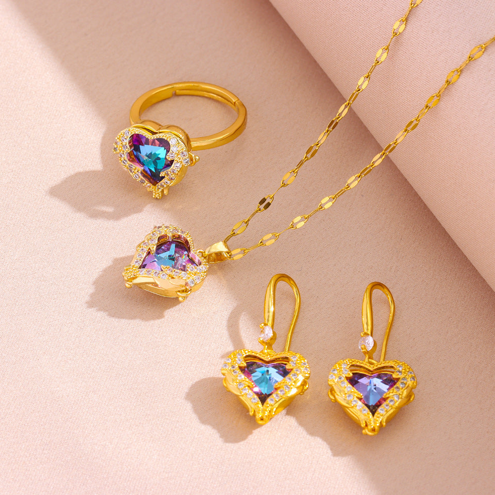 Wholesale  Titanium Steel 18K Gold Plating Micro Inlay Colorful Ocean Heart Necklace Earrings Ring Set