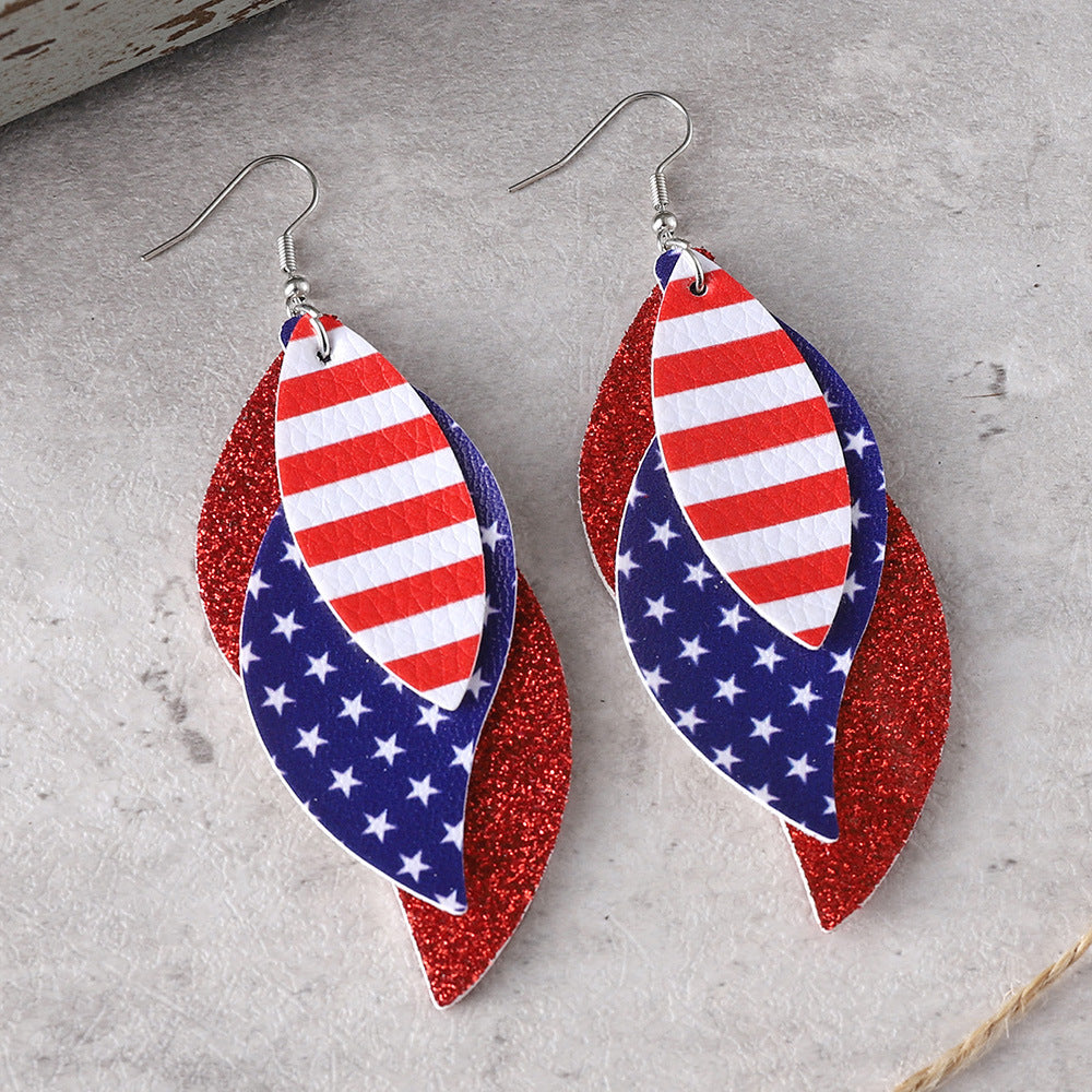 Wholesale Independence Day Red Blue White Stars Striped Sequin Triple Blade Pendant Leather PU Double Sided Earrings